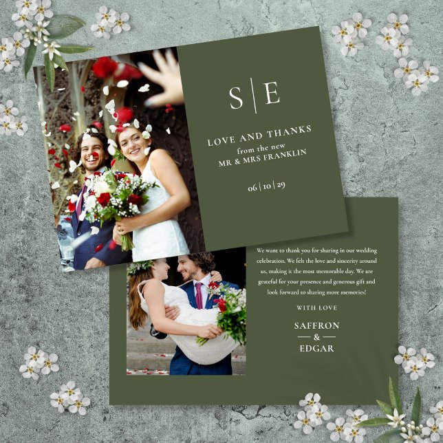 Carte De Remerciements Olive Green Monogramme 2 Mariage photo (Olive Green Monogram 2 Photo Wedding Thank You Card)