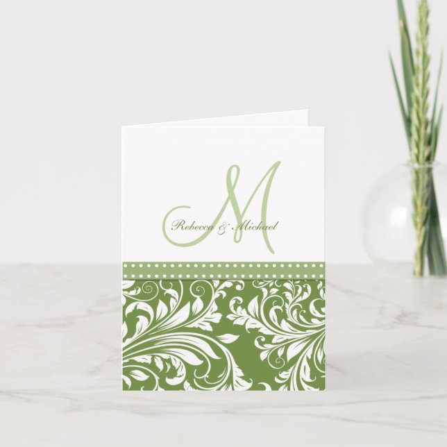 Carte De Remerciements Olive Green & White Flora Damask Merci! (Devant)