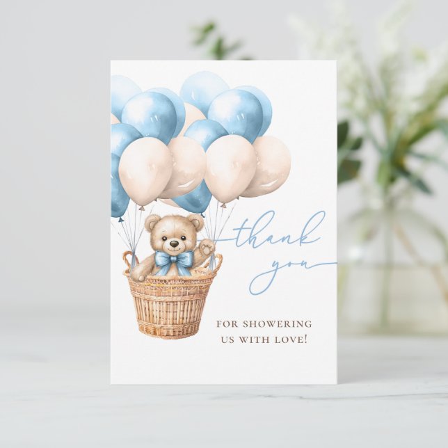 Carte De Remerciements On Peut Attendre | Bear Balloon Baby shower bleu (Debout devant)