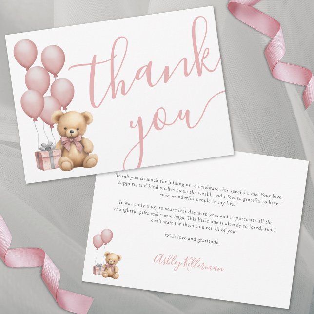 Carte De Remerciements On peut attendre le Baby shower de fille rose (We Can Bearly Wait Pink Girl Baby Shower Thank You Card)