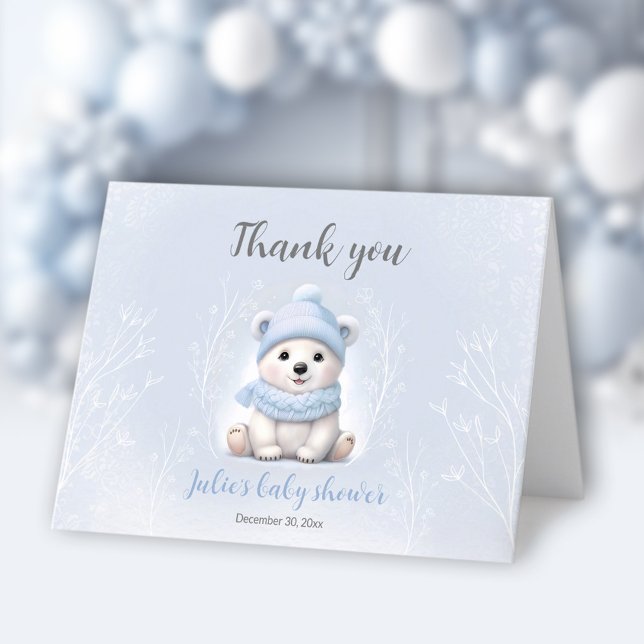Carte De Remerciements On peut attendre le Baby shower d'ours bleu polair (We Can Bearly Wait Blue Polar Bear Baby Shower Thank You Card)