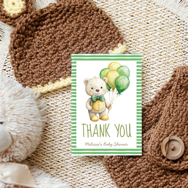 Carte De Remerciements On peut attendre mignon ours en peluche sauge vert (We can bearly wait cute teddy bear sage green yellow baby shower thank you cards handwriting font )