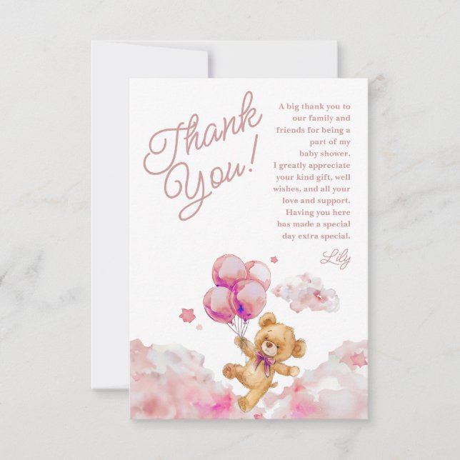 Carte De Remerciements On Peut Attendre Teddy Baby shower Fille Rose (Devant)