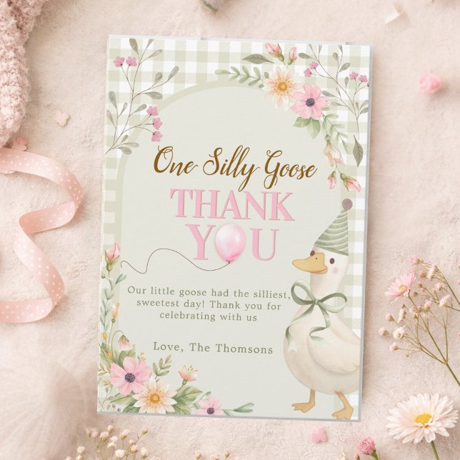 Carte De Remerciements One Silly Goose Gingham Pink Floral Birthday (Créateur téléchargé)