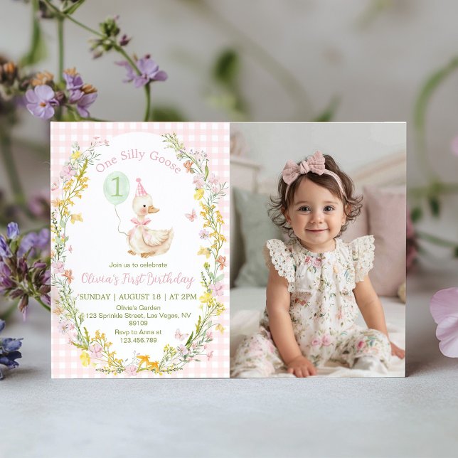 Carte De Remerciements One Silly Goose Pink Floral Birthday Photo Invite (Créateur téléchargé)