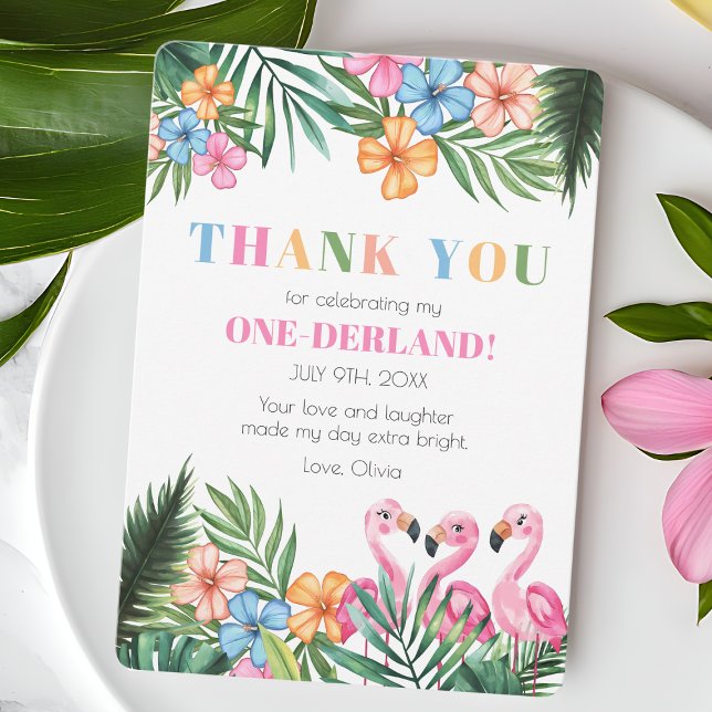 Carte De Remerciements Onederland Été Tropical Flamant Rose 1er Anniversa (Onederland Summer Tropical Flamingo 1st Birthday Thank You Card)