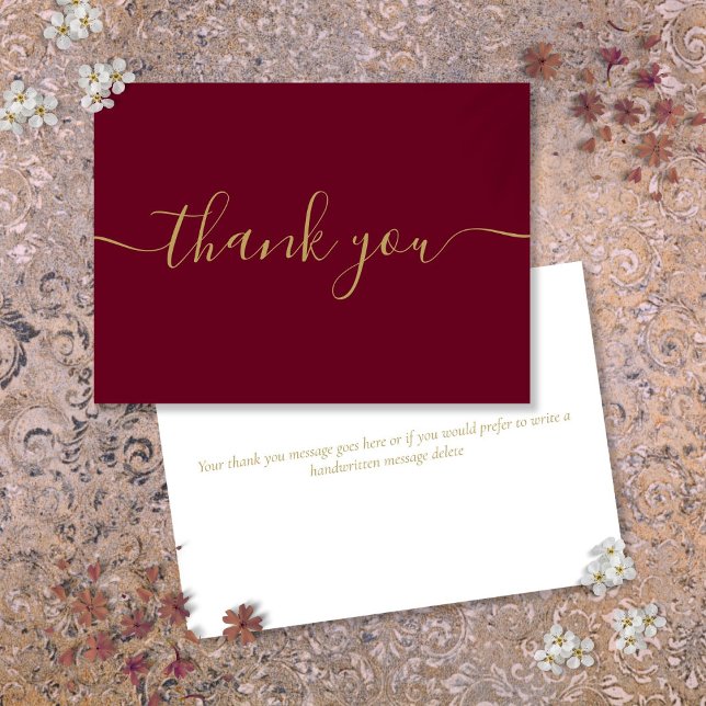 Carte De Remerciements Or et Bourgogne Simple Moderne Élégant Script (Gold And Burgundy Simple Modern Elegant Script Thank You Card)