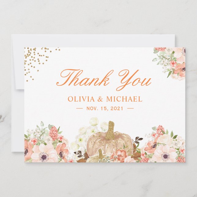 Carte De Remerciements Or Floral de Citrouille Pailleté Or Automne (Devant)