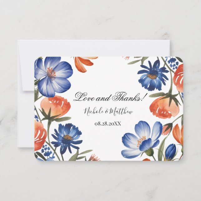 Carte De Remerciements Orange and Cobalt Blue Floral Wedding (Devant)