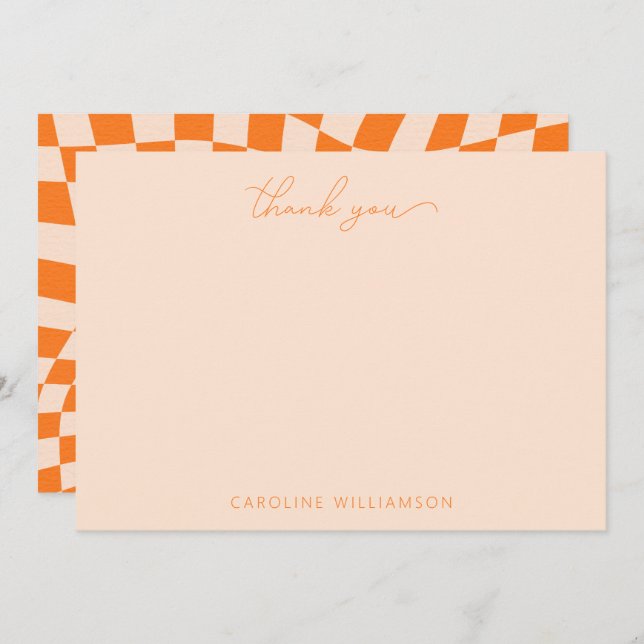 Carte De Remerciements Orange Blush Abstrait Checkerboard Nom personnalis (Devant / Derrière)
