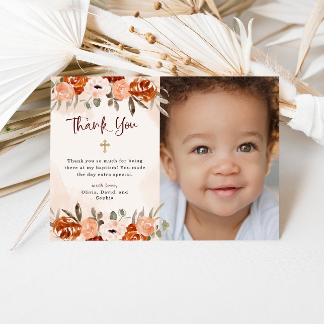 Carte De Remerciements Orange Boho | Aquarelle Baptême BLANC Photo (Créateur téléchargé)