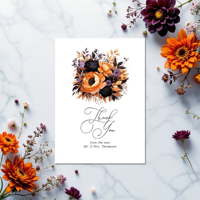 Carte De Remerciements Orange brûlé, violet foncé et Mariage floral noir (Burnt Orange, Dark Purple and Black Floral Wedding Thank You Card)