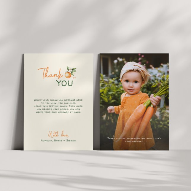 Carte De Remerciements Orange Citrus Little Cutie First Birthday Photo (Créateur téléchargé)