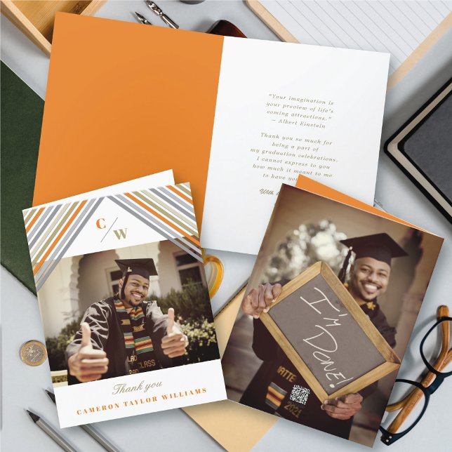 Carte De Remerciements Orange Diagonal Stripes Photo Moderne Graduation (Orange Diagonal Stripes Monogram, Photo Modern Graduation Thank You Card @ zazzle.com/color_therapy)