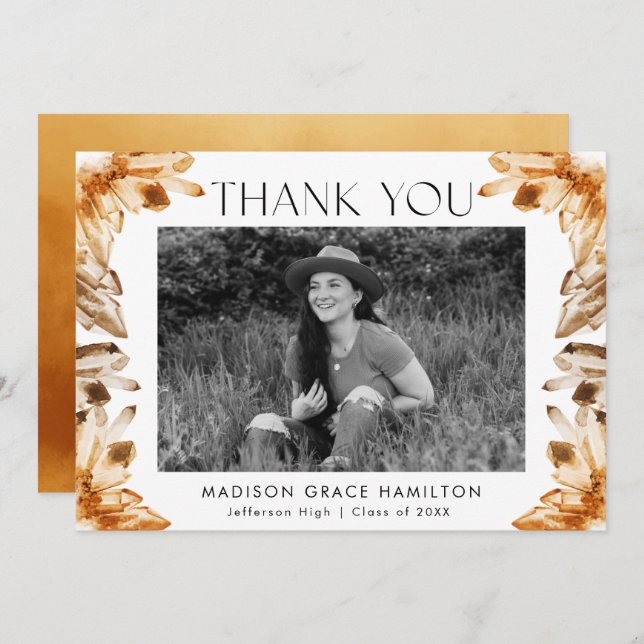 Carte De Remerciements Orange Watercolor Crystals Photo Graduation (Devant / Derrière)