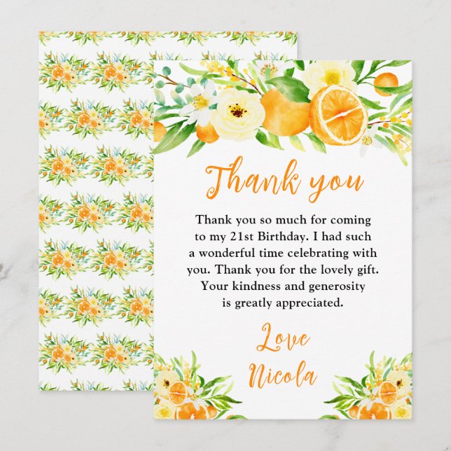 Carte De Remerciements Oranges Citrus Anniversaire (Devant / Derrière)