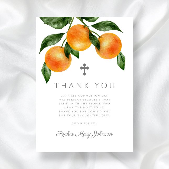 Carte De Remerciements Oranges Élégantes Citron Première Communion (Elegant Oranges Citrus First Holy Communion Thank You Card)