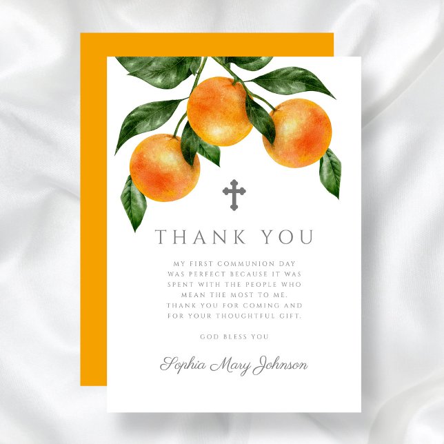 Carte De Remerciements Oranges élégantes Première communion sainte (Elegant Oranges First Holy Communion Thank You Card)