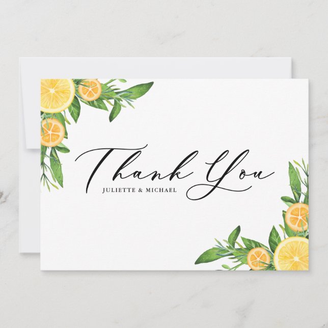 Carte De Remerciements Oranges et citrons d'aquarelle Mariage d'été (Devant)