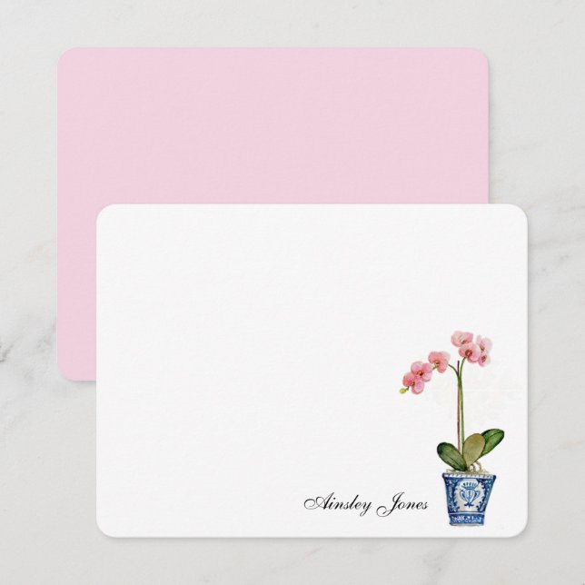 Carte De Remerciements Orchidée rose à l'aquarelle dans un pot bleu (Devant / Derrière)