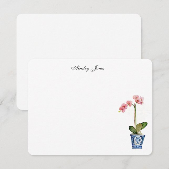 Carte De Remerciements Orchidée rose aquarelle dans un pot bleu (Devant / Derrière)