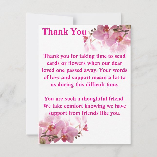 Carte De Remerciements Orchidée rose fleurs deuil (Devant)
