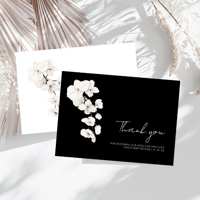 Carte De Remerciements Orchidées blanches noires modernes Baby shower fle (Modern Black and White Orchids Flowers Baby Shower Thank You Card)