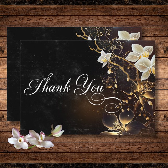 Carte De Remerciements Orchidées noires et blanches foncées Mariage (Dark Gothic Black & White Orchid Spells Wedding Thank You Card)