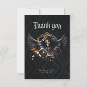 Carte De Remerciements Os et magie, squelette avec les dés mystiques.