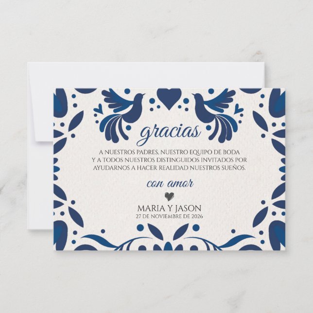 Carte De Remerciements Otomi Blue Floral Elegant Fiesta Spanish Wedding (Devant)