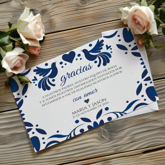 Carte De Remerciements Otomi Blue Floral Elegant Fiesta Spanish Wedding (Otomi Blue Floral Elegant Fiesta Spanish Wedding Thank You Card)