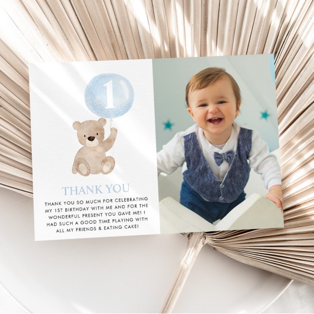 Carte De Remerciements Ours 1er Anniversaire Ours Ballon Bleu Photo Plat (MATCHING 1ST BIRTHDAY ITEMS AVAILABLE)