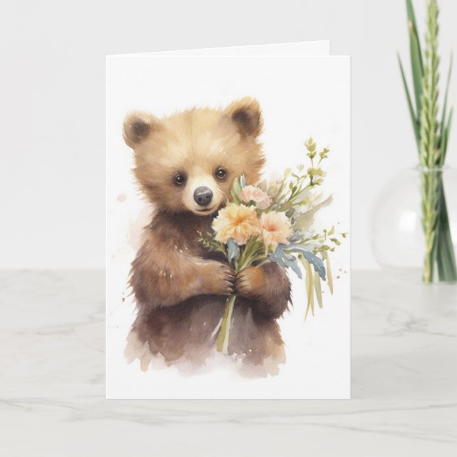Carte De Remerciements Ours aquarelle avec Bouquet (Devant)