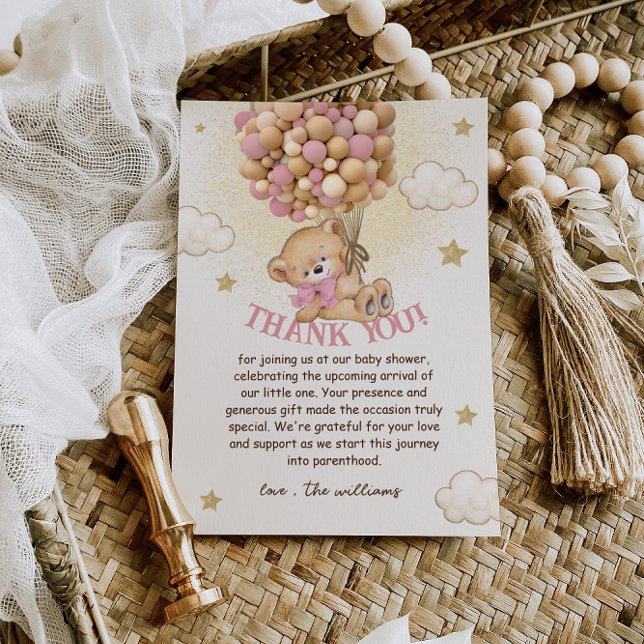 Carte De Remerciements Ours avec Balloons Baby shower beige rose (Créateur téléchargé)