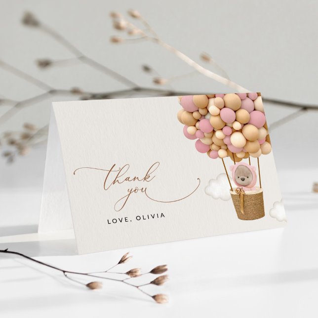 Carte De Remerciements Ours, Ballons roses, Ballons à air chaud, Baby sho (Créateur téléchargé)