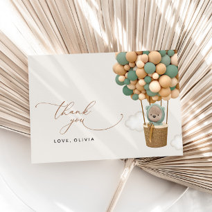Carte De Remerciements Ours, Ballons verts, Ballons à air chaud, Baby sho