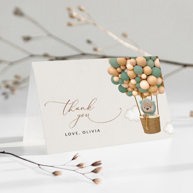 Carte De Remerciements Ours, Ballons verts, Ballons à air chaud, Baby sho (Créateur téléchargé)