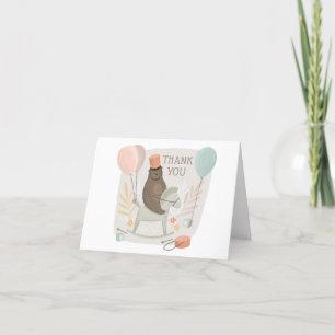 Carte De Remerciements Ours batteur mignon sur cheval en bois. Anniversai