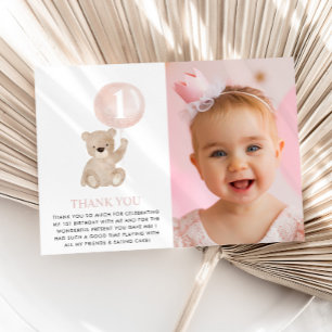 Carte De Remerciements Ours Beary 1er Anniversaire Rose Ballon Photo Plat