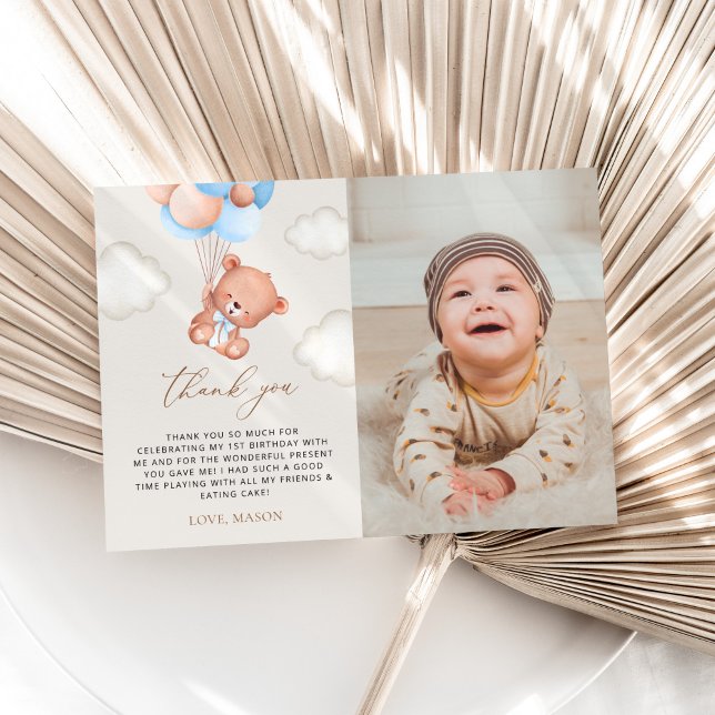Carte De Remerciements Ours Bébé, Ballons Bleus, Premier anniversaire (Créateur téléchargé)