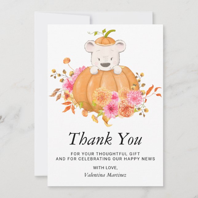 Carte De Remerciements Ours dans un Baby shower photo rose Citrouille (Devant)