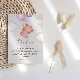 Carte De Remerciements Ours De Bébé, Ballons Violets, Premier Anniversair
