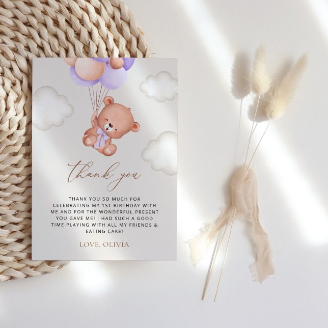 Carte De Remerciements Ours De Bébé, Ballons Violets, Premier Anniversair (Créateur téléchargé)