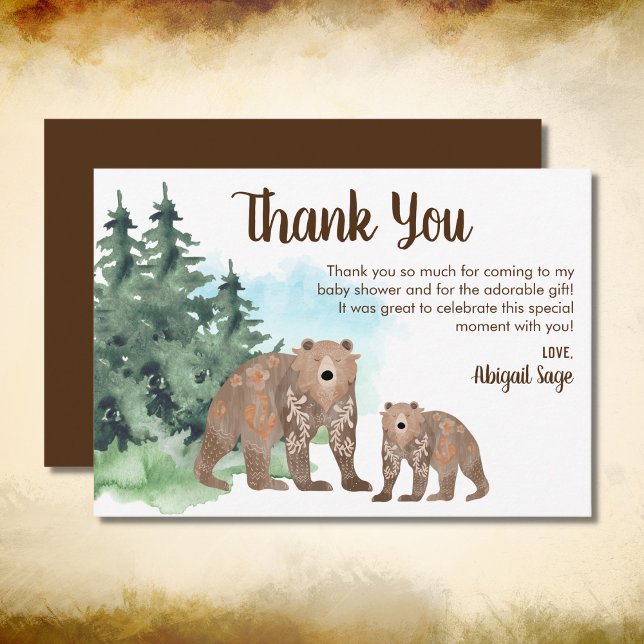 Carte De Remerciements Ours de bois Baby shower d'aquarelle neutre (Créateur téléchargé)