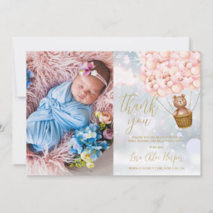 Carte De Remerciements Ours en ballons roses mignons bébé hiver photo