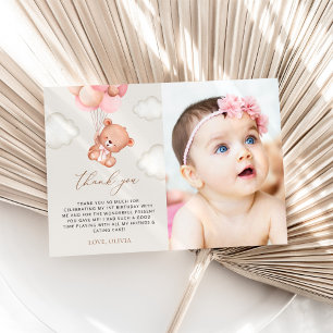 Carte De Remerciements Ours En Jeu, Ballons Violets, Premier Anniversaire