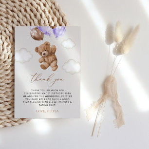 Carte De Remerciements Ours En Jeu, Ballons Violets, Premier Anniversaire