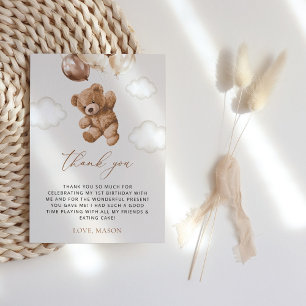 Carte De Remerciements Ours En Joue, Ballons Brown, Premier Anniversaire
