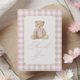 Carte De Remerciements Ours en peluche à carreaux roses Baby Shower