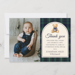 Carte De Remerciements Ours en peluche à noeud papillon bleu tartan photo